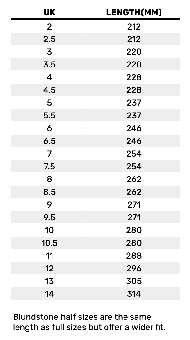 2026 Blundstone Unisex Size  Size Chart